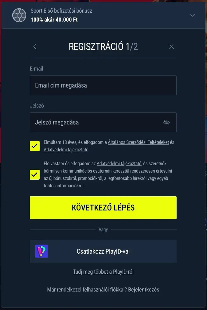 Regisztrációs űrlap a Rabona kaszinóban