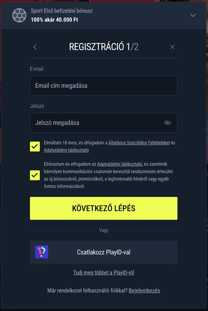 Regisztrációs űrlap a Rabona kaszinóban